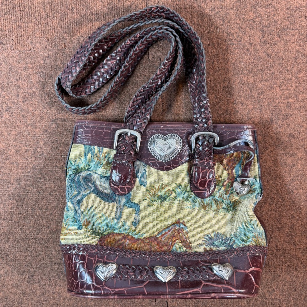Brighton Horse Tapestry Tote Bag Croc Embossed Leather Heart Concho Western Bag